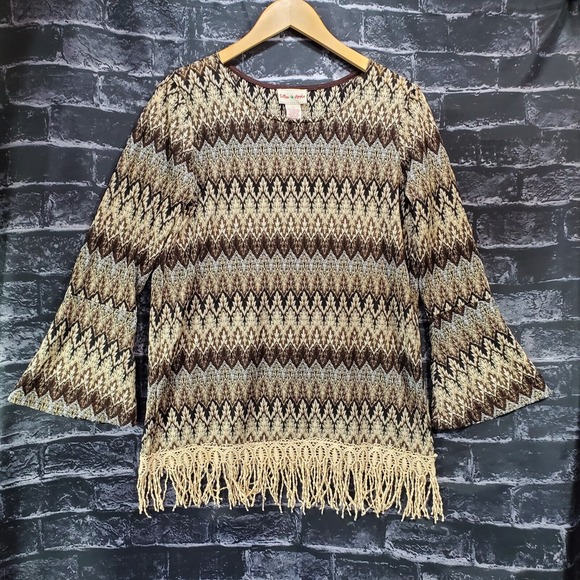 Toffee Apple Tunic Womens Small Brown Blue Tasseled Glitter Boho Peasant Top - Picture 10 of 12